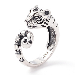 Antique Silver Tiger 925 Sterling Silver Cuff Ring for Women, Adjustable Open Ring Zodiac Tiger Chinese New Year Gift, Antique Silver, US Size 7 1/4(17.5mm)