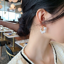 White Imitation Pearl Bead Stud Earrings for Women, with 925 Sterling Silver Pin, White, 10mm