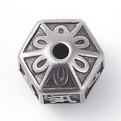 Antik Silber Farbe 316 chirurgische Edelstahlperlen, Sechseck mit Blume, Antik Silber Farbe, 11.5x10x9 mm, Bohrung: 2 mm