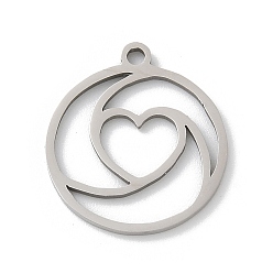 Нержавеющая Сталь Цвет 201 подвески из нержавеющей стали, плоский круглый с подвеской в виде сердца, лазерная резка, анти-тускнение, цвет нержавеющей стали, 17x15x1 мм, отверстие : 1.5 мм