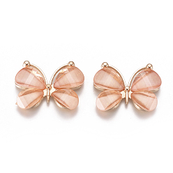 Light Salmon Alloy Pendants, with Resin, Faceted, Butterfly, Light Gold, Light Salmon, 21~22x28~29x4.5mm, Hole: 2.5mm.