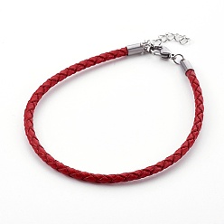 FireBrick Braided Leather Cord Bracelet Making, with 304 Stainless Steel Lobster Claw Clasps and Extension Chain, Stainless Steel Color, FireBrick, 8-1/2 inch(21.5cm), 3mm