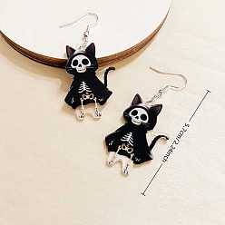 Черный Акриловые серьги-подвески в форме кошки со скелетом, платина, чёрные, 57 мм