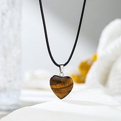 Тигровый глаз Кулон из натурального тигрового глаза в форме сердца, черный шнурок для ожерелья, украшения с целебными кристаллами для мужчин и женщин, платина, 17.32 дюйм (44 см)