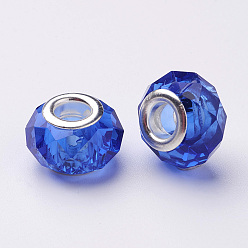 Royal Blue Handmade Glass European Beads, Large Hole Beads, Silver Color Brass Core, Royal Blue, 14x8mm, Hole: 5mm