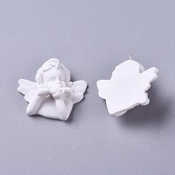 White Resin Pendants, with Platinum Plated Iron Screw Eye Pin Peg Bails, Angel, White, 30.5x32.5x14mm, Hole: 1.5mm
