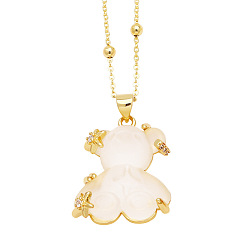White Resin Pendant Necklaces, with Brass Micro Pave Cubic Zirconia Finding, Bear, White, 17.72 inch(45cm)