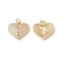 Real 18K Gold Plated Rack Plating Brass Pendants, with Cubic Zirconia & Jump Ring, Breaking Heart Charm, Cadmium Free & Lead Free, Long-Lasting Plated, Real 18K Gold Plated, 16x17x3mm, Hole: 3mm