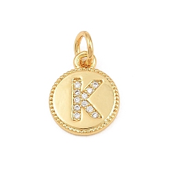 Letter K Breloques en laiton zircon cubique transparent, rond plat avec breloques en forme de lettre, plaqué longue durée, sans plomb et sans cadmium, crémaillère plaquage, réel 18 k plaqué or, lettre k, 12.5x10x1.5mm, Trou: 3mm