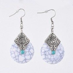 White teardrop, Resin Dangle Earrings, with Tibetan Style Alloy Enamel Findings, 316 Surgical Stainless Steel Earring Hooks and Plastic Ear Nuts/Earring Back, White, 60mm, pin: 0.7mm