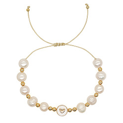 Белый Регулируемые пластиковые браслеты из искусственного жемчуга, ювелирные изделия из латуни с эмалью для женщин, плоско-круглые с сердцем, белые, 11.02 дюйм (28 см)