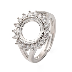 Платина Латунные микропаве прозрачные кубические цирконии открытые манжетные кольца-компоненты, настройки кольца для горного хрусталя, стойки покрытие, прочное покрытие, без кадмия и без свинца, цветок, платина, внутренний диаметр: 18 мм