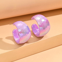 Violet Acrylic & Stainless Steel Stud Earrings for Women, Half Hoop Earrings, Violet, 31x31mm