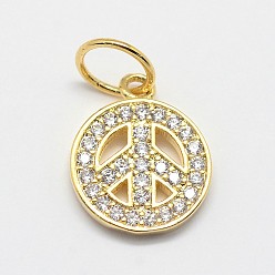 Golden CZ Brass Micro Pave Cubic Zirconia Peace Sign Charms, Golden, 13x11x2mm, Hole: 4.5mm