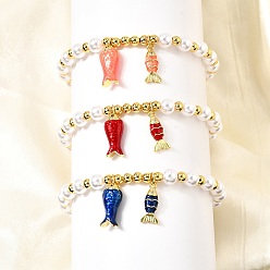 (52) Непрозрачная лаванда Латунные браслеты из кубического циркония, рыба, с эмалью, ABS имитация жемчуга, стойки покрытие, долговечный, без свинца и без кадмия, реальный 18 k позолоченный, разноцветные, внутренний диаметр: 2 дюйм (5.15 см)