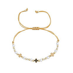 Золотой Пластиковые браслеты из искусственного жемчуга, металлические браслеты с крестом, регулируемые, золотые, внутренний диаметр: 11.02 дюйм (28 см)