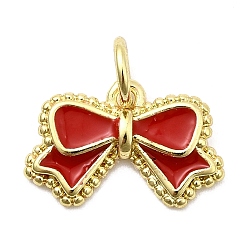 Красный Латунь эмаль подвески, бантом прелести, стойки покрытие, долговечный, без кадмия и без свинца, реальный 18 k позолоченный, с соединительным кольцом и блестящей пудрой, красные, 9x14x2.5 мм, отверстие : 3 мм
