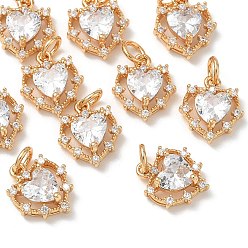 Real 18K Gold Plated SHEGRACE Valentine's Day Brass Clear Cubic Zirconia Charms, Heart Charms, Cadmium Free & Lead Free & Nickel Free, Real 18K Gold Plated, 13x11x4.5mm, Hole: 3mm