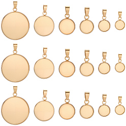 Real 18K Gold Plated 24Pcs 6 Styles 304 Stainless Steel Pendant Cabochon Settings, Flat Round Charms, Ion Plating(IP), Real 18K Gold Plated, Tray: 8~25mm, 12.5~30.5x9.5~26.5x1.5~2mm, Hole: 6x3.5mm, 4pcs/style