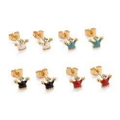 Mixed Color 304 Stainless Steel Enamel & Glass Stud Earrings, with 316 Stainless Steel Pin, Crown, Mixed Color, 7x8mm, Pin: 0.7mm
