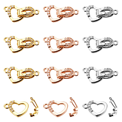 Mixed Color Brass Micro Pave Cubic Zirconia Fold Over Clasps, Heart, Mixed Color, 18mm, Hole: 1.2mm, 3 colors, 2sets/color, 6sets/box