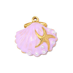 Настоящее золото 18K 304 нержавеющей стальной эмали подвески, подвески в форме ракушек, с ABS имитации жемчуга, ионное покрытие (ip), долговечный, зеркальная полировка, реальный 18 k позолоченный, 21x20 мм, отверстие : 1.6 мм