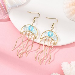 Sky Blue Ocean 304 Stainless Steel Wire Wrapped Synthetic Moonstone Jellyfish Dangle Earrings, with Imitated Pearl Acrylic Beads, Golden, Sky Blue, 77x26mm