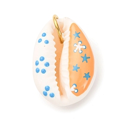 Белый Кулоны с натуральными ракушками каури с принтом, подвески в форме ракушки с эмалью и 304 соединительными кольцами из нержавеющей стали, без кадмия, без никеля и без свинца, золотые, белые, 23~28x16~20x12~14 мм, отверстие : 6 мм