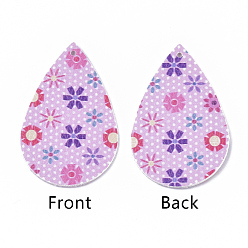 Бледно-Розовый Большие кожаные подвески, Пасхальная тема, слезинка с цветочным узором, розовый жемчуг, 55~56.5x35~37x2 мм, отверстие : 1~2 мм