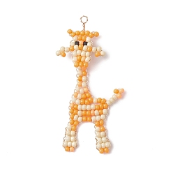 Оранжевый Подвески-жирафы из медной проволоки с бусинами, подвески из стеклянных бусин с узором ткацкого станка, оранжевые, 51.5x26.5x4 мм, отверстие : 1.8 мм