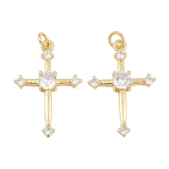 Real 16K Gold Plated Brass Micro Pave Clear Cubic Zirconia Pendants, Cross with Round Charms, Real 16K Gold Plated, 28x18.5x3.5mm, Hole: 3.5mm