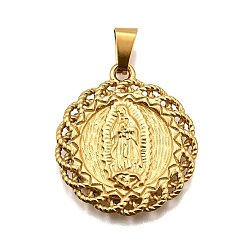 Золотой 304 подвески из нержавеющей стали, религиозная тема, вакуумное покрытие pvd, плоские круглые с Девой Марией, золотые, 26x23x3 мм, отверстие : 3.5x7 мм