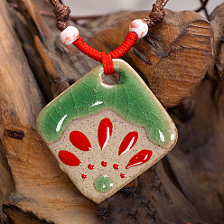 Rhombus Ретро этнический фарфоровый кулон регулируемые ожерелья из полиэстерового шнура для женщин, красные и светло-зеленые, ромб, 23.62 дюйм (60 см)