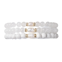 Смешанные камни 3шт. Женские браслеты из круглых бусин натурального говлита, селенита и кварца, с натуральным культивированным пресноводным жемчугом, внутренний диаметр: 2.05~2.09 дюйм (5.2~5.3 см)