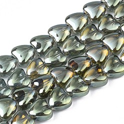 Olive Drab Electroplate Glass Beads Strands, Pearl Luster Plated, Heart, Olive Drab, 7~8x8x4.5mm, Hole: 0.8mm, about 84~87pcs/strand, 24.41 inch~ 25.43 inch(62~64.6cm)