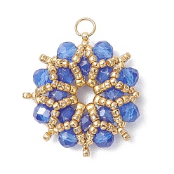 Средно-синий Цвет AB покрытием стеклянные подвески, цветочный шарм, с 304 соединительным кольцом из нержавеющей стали и бисером, граненые, светло-синий, 23x5 мм, отверстие : 3 мм