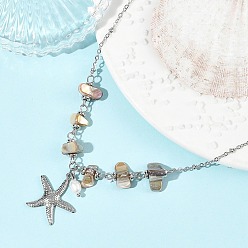 Stainless Steel Color Ocean 304 Stainless Steel Starfish Pendant Natural Freshwater Shell Beaded Chain Necklaces for Women, Seashell Color, Stainless Steel Color, 16.54 inch(42cm)