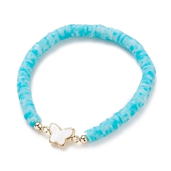 Light Sky Blue Polymer Clay Heishi Beads Stretch Bracelets, with Natural White Shell Links and Brass Beads, Butterfly, Golden, Light Sky Blue, Inner Diameter: 2-1/8 inch(5.3cm)
