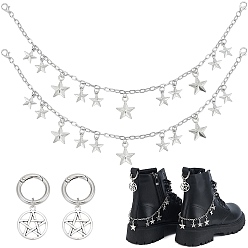 Античный Серебристый & Платиновый 4шт. 2 стили латунные витые цепочки, цепочки для ремешков сапог и наборы подвесок для обуви из сплава, с подвеской из звездного сплава и застежкой-карабином, старинное серебро и платина, 57~310 мм, 2 шт / стиль