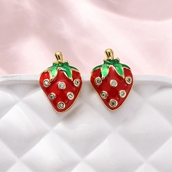 Клубника Латунные микро проложить серьги стержня кубического циркония, с эмалью, без кадмия и без свинца, стойки покрытие, долговечный, золотые, клубника, 14x10 мм