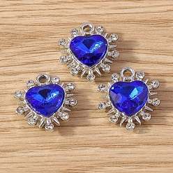 Blue Heart Alloy Rhinestone Pendnats, with Glass, Blue, 19x17mm, 10pcs/set
