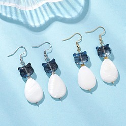 Платиновый & Золотой Серьги-подвески в форме кошки из натуральной пресноводной ракушки и стекла с каплевидными подвесками, С 304 результатами из нержавеющей стали, платиной и золотом, 60.5x17~17.5 мм, 2 пар / набор