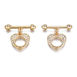 Настоящее золото 18K Латунные застежки-молнии из прозрачного кубического циркония, без никеля , сердце, реальный 18 k позолоченный, Сердце: 12.5x12x2 mm, бар: 20x5x2.5 mm, Перейти кольцо: 5x1 мм, 3 мм внутренним диаметром