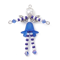 Blue Glass Seed & Acrylic Pearl Beaded Big Pendants, with Alloy Fairy Wing & 304 Stainless Steel Findings, Angel Charms, Blue, 52x40x18mm, Hole: 1.6mm