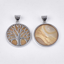 Tan Freshwater Shell Pendants, with Alloy Findings, Dyed, Flat Round with Tree of Life, Platinum, Tan, 37.5x33.5x3mm, Hole: 6x8.5mm