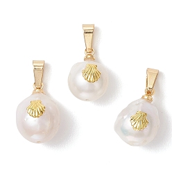 Золотой Натуральный жемчуг барокко подвески с жемчугом кеши, круглые подвески с кусочками ракушки из сплава, цветочный белый, золотые, 14~16x10~11x10.5~11.5 мм, отверстие : 6x2.5 мм
