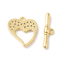Real 18K Gold Plated Brass Micro Pave Clear Cubic Zirconia Toggle Clasps, Heart, Real 18K Gold Plated, Heart: 16x14x2mm, Hole: 1.4mm, Bar: 18.5x5x3mm, Hole: 1.4mm