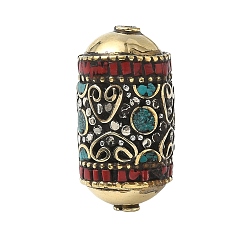 Красный Ручной тибетском стиле бисера, колонка, Латунные бусины, с синтетическими бирюзовый, античное золото , красные, 36x19 мм, отверстие : 1.8~2 мм