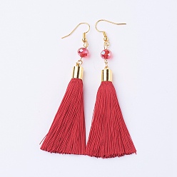 Red Ice Silk Thread Tassel Dangle Earrings, with Glass Beads and Brass Earring Hooks, Golden, Red, 93mm, Pin: 0.6mm, Pendant: 75x8mm