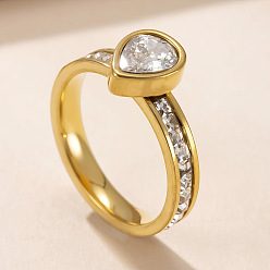 Teardrop 304 Кольца из нержавеющей стали с кристаллами и стразами, золотые, слеза, размер США 7 (17.3 мм)